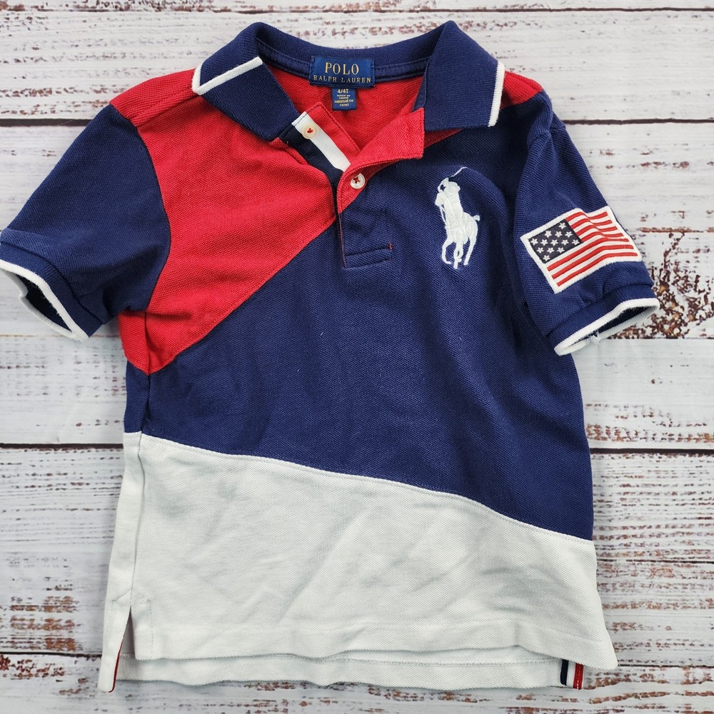 Polo Ralph Lauren Big Pony Colorblock Mesh Polo Boys 4T USA Flag Red White Blue